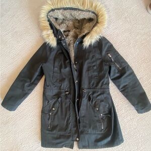 ASOS Women's Black Parka Coat with Faux Fur Hood